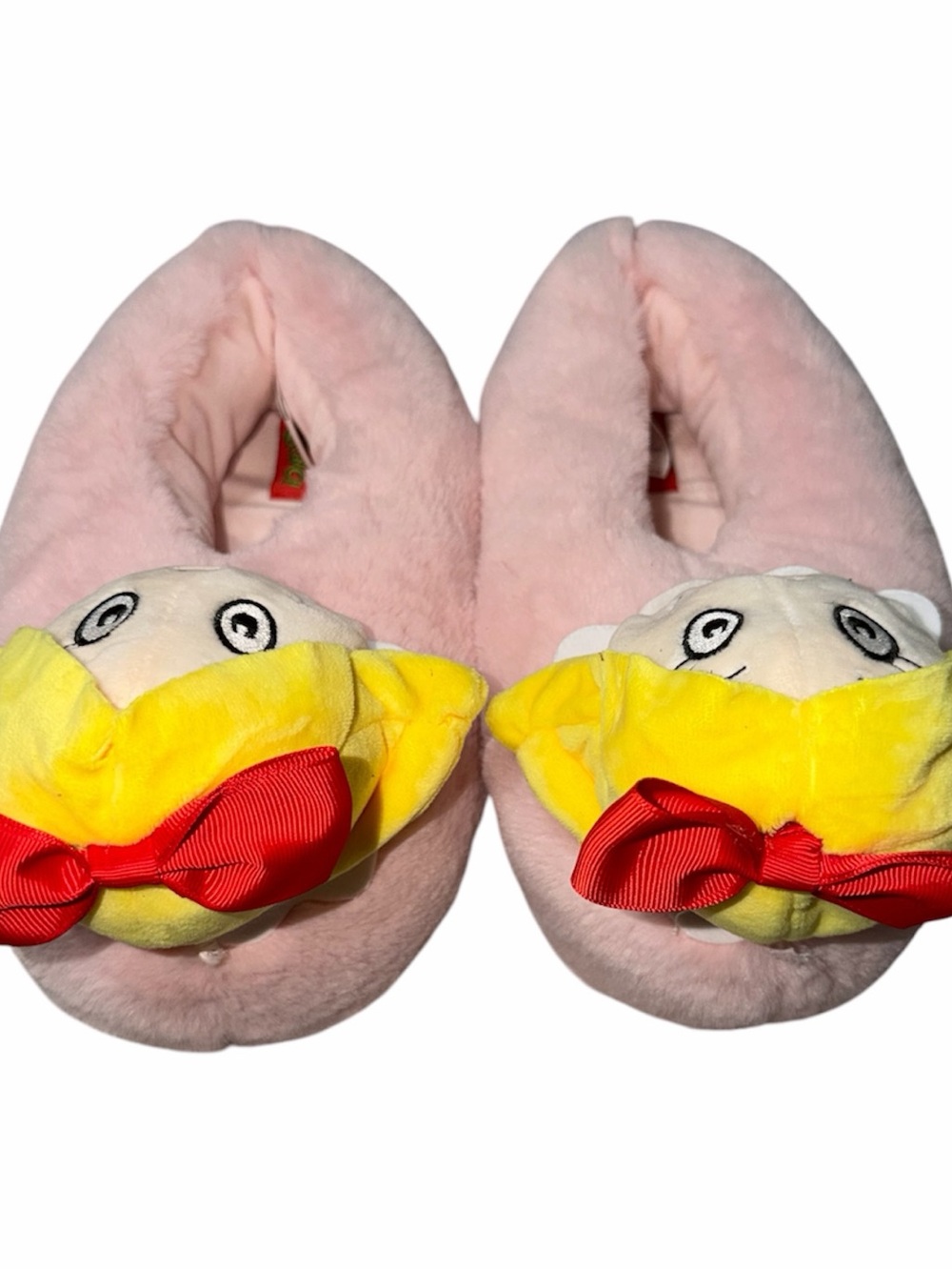Kids Plush Pink Slippers with Yellow Bird and Red Bow